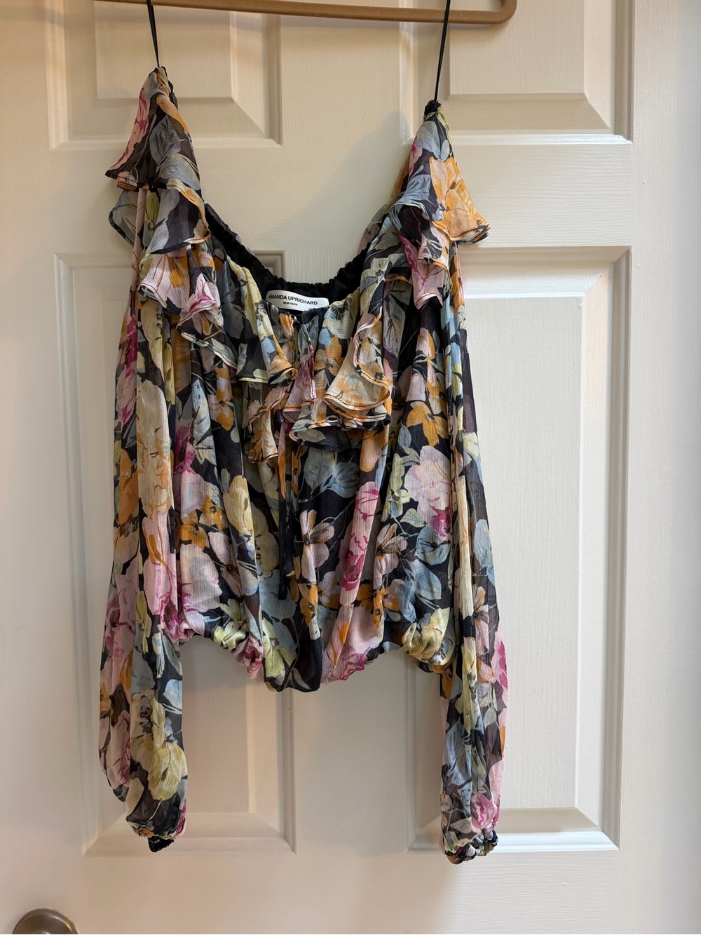 Amanda Uprichard Millie Floral Sheer Crop Top - Black, Pink, Yellow, Cream MED - Picture 3 of 4